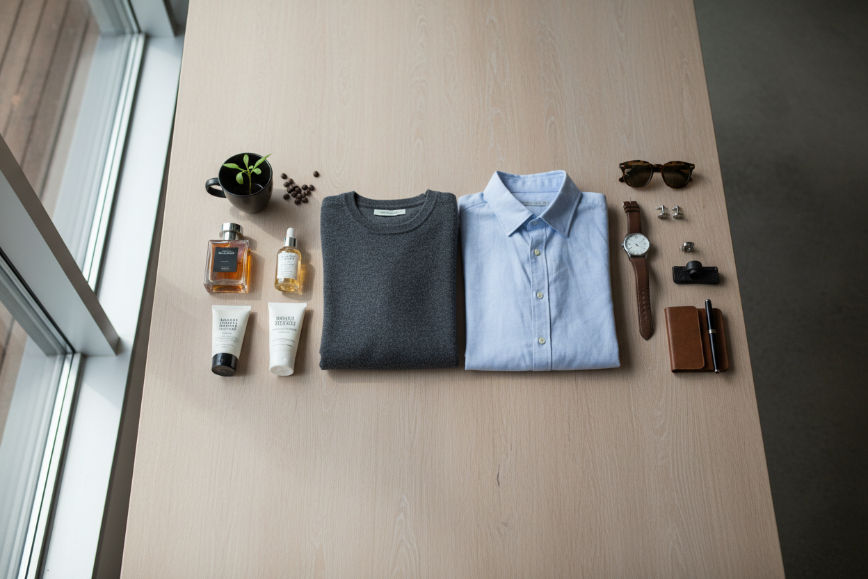 clothes and cologne, along with some skin care and other stuff on a wide spread table 