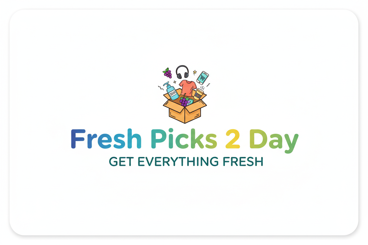 create a logo for my store. My title is Fresh Picks 2 Day. My slogan is GET EVERYTHING FRESH. make sure to add a tiny box of stuff filled with random things on top the logo. center it in the middle